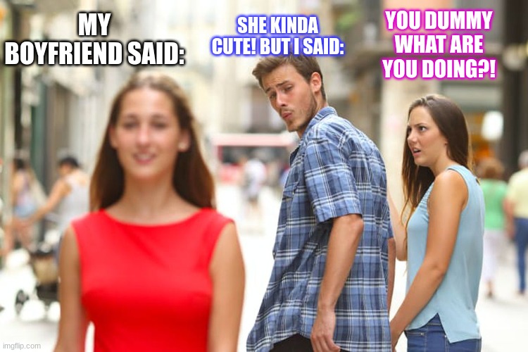 My Boyfriends so rude | YOU DUMMY WHAT ARE YOU DOING?! SHE KINDA CUTE! BUT I SAID:; MY BOYFRIEND SAID: | image tagged in memes,distracted boyfriend | made w/ Imgflip meme maker