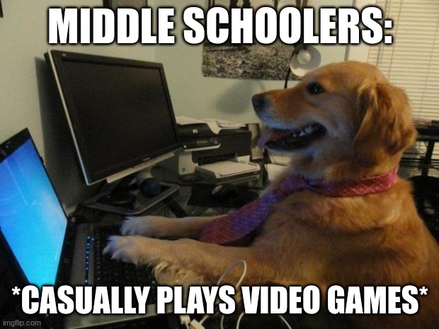 MIDDLE SCHOOLERS: *CASUALLY PLAYS VIDEO GAMES* | image tagged in dog behind a computer | made w/ Imgflip meme maker