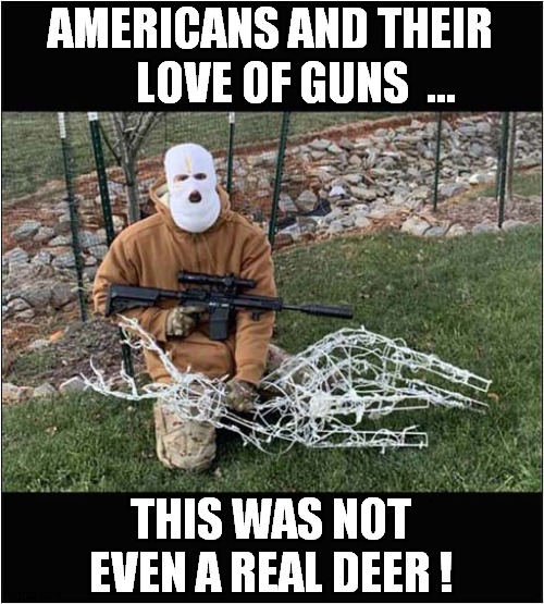 If It Stands Still - Shoot It ! | AMERICANS AND THEIR 
     LOVE OF GUNS  ... THIS WAS NOT EVEN A REAL DEER ! | image tagged in americans,guns,hunting,deer,dark humour | made w/ Imgflip meme maker
