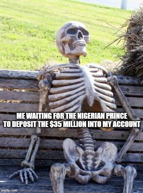 Waiting Skeleton | ME WAITING FOR THE NIGERIAN PRINCE TO DEPOSIT THE $35 MILLION INTO MY ACCOUNT | image tagged in memes,waiting skeleton | made w/ Imgflip meme maker