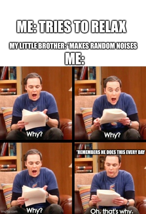 Why | ME: TRIES TO RELAX; MY LITTLE BROTHER: *MAKES RANDOM NOISES; ME:; *REMEMBERS HE DOES THIS EVERY DAY | image tagged in blank white template,why why why oh that's why,oh wow are you actually reading these tags | made w/ Imgflip meme maker