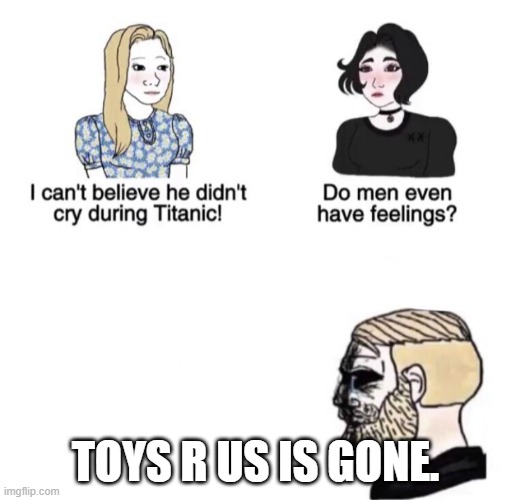 Chad crying | TOYS R US IS GONE. | image tagged in chad crying | made w/ Imgflip meme maker