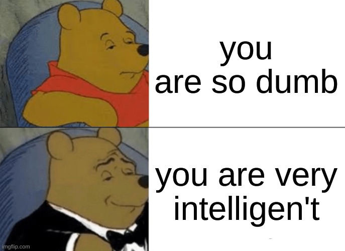 supid | you are so dumb; you are very intelligen't | image tagged in memes,tuxedo winnie the pooh | made w/ Imgflip meme maker