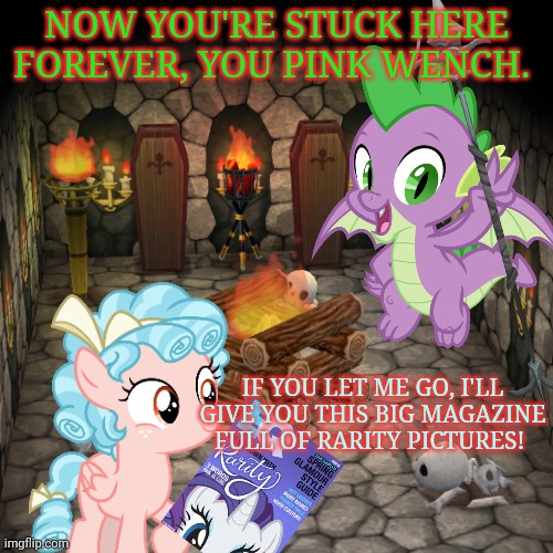 Cozy is captured | NOW YOU'RE STUCK HERE FOREVER, YOU PINK WENCH. IF YOU LET ME GO, I'LL GIVE YOU THIS BIG MAGAZINE FULL OF RARITY PICTURES! | image tagged in cozy glow,mlp,spike,prison | made w/ Imgflip meme maker