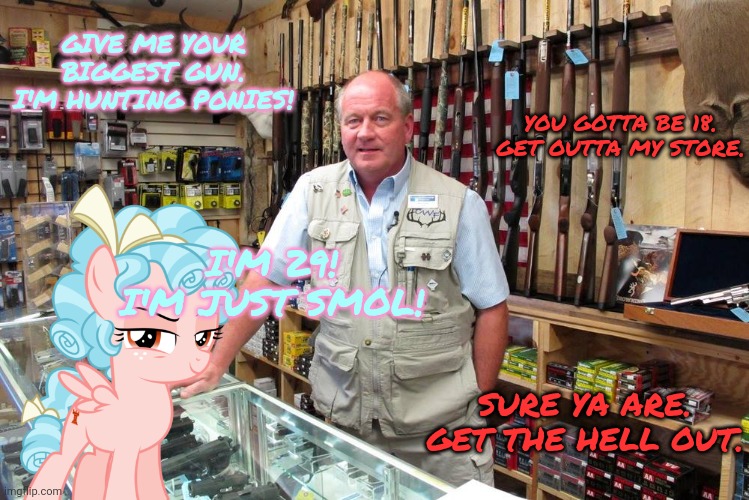 Get outta my gun shop! | GIVE ME YOUR BIGGEST GUN. I'M HUNTING PONIES! YOU GOTTA BE 18. GET OUTTA MY STORE. I'M 29! I'M JUST SMOL! SURE YA ARE. GET THE HELL OUT. | image tagged in gun shop gary,gun,shop,cozy glow,mlp | made w/ Imgflip meme maker