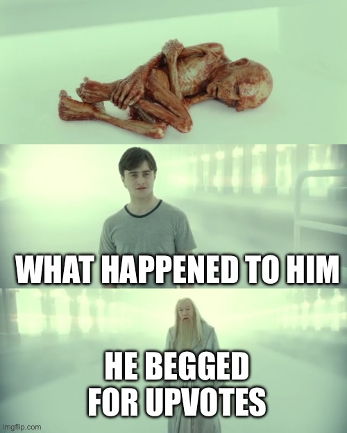Harry Potter and Dumbledore | WHAT HAPPENED TO HIM; HE BEGGED FOR UPVOTES | image tagged in harry potter and dumbledore | made w/ Imgflip meme maker