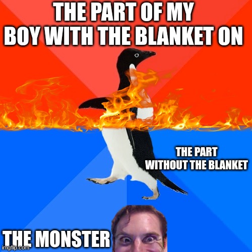 Socially Awesome Awkward Penguin | THE PART OF MY BOY WITH THE BLANKET ON; THE PART WITHOUT THE BLANKET; THE MONSTER | image tagged in memes,socially awesome awkward penguin | made w/ Imgflip meme maker