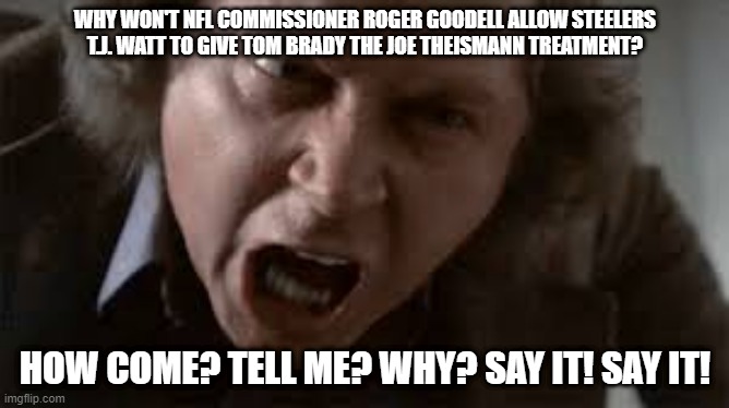 say it | WHY WON'T NFL COMMISSIONER ROGER GOODELL ALLOW STEELERS T.J. WATT TO GIVE TOM BRADY THE JOE THEISMANN TREATMENT? HOW COME? TELL ME? WHY? SAY IT! SAY IT! | image tagged in sam kinneson say it | made w/ Imgflip meme maker