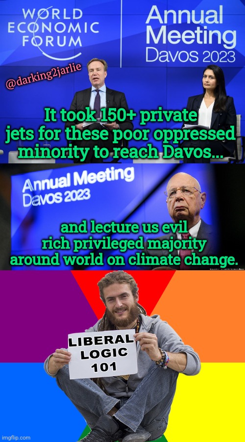 Globalists | @darking2jarlie; It took 150+ private jets for these poor oppressed minority to reach Davos... and lecture us evil rich privileged majority around world on climate change. | image tagged in liberal logic,liberal hypocrisy,deep state,climate change,environment,liberalism | made w/ Imgflip meme maker