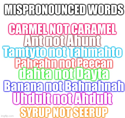Can't wait for the hate :) | MISPRONOUNCED WORDS; CARMEL NOT CARAMEL; Ant not Ahunt; Tamtyto not Tahmahto; Pahcahn not Peecan; dahta not Dayta; Banana not Bahnahnah; Uhdult not Ahdult; SYRUP NOT SEERUP | image tagged in sorry,for,the,clutter | made w/ Imgflip meme maker