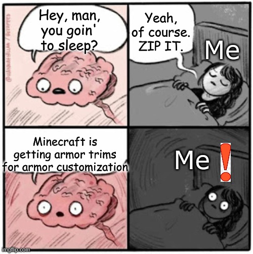 I'm gonna love 1.20 | Yeah, of course. ZIP IT. Hey, man, you goin' to sleep? Me; Minecraft is getting armor trims for armor customization; Me | image tagged in brain before sleep | made w/ Imgflip meme maker