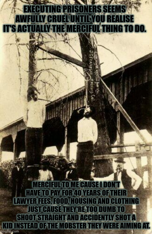 Contest entry | EXECUTING PRISONERS SEEMS AWFULLY CRUEL UNTIL YOU REALISE IT'S ACTUALLY THE MERCIFUL THING TO DO. MERCIFUL TO ME CAUSE I DON'T HAVE TO PAY FOR 40 YEARS OF THEIR LAWYER FEES, FOOD, HOUSING AND CLOTHING JUST CAUSE THEY'RE TOO DUMB TO SHOOT STRAIGHT AND ACCIDENTLY SHOT A KID INSTEAD OF THE MOBSTER THEY WERE AIMING AT. | image tagged in stop it get some help,kill em all,let god sort em out,public,execution | made w/ Imgflip meme maker