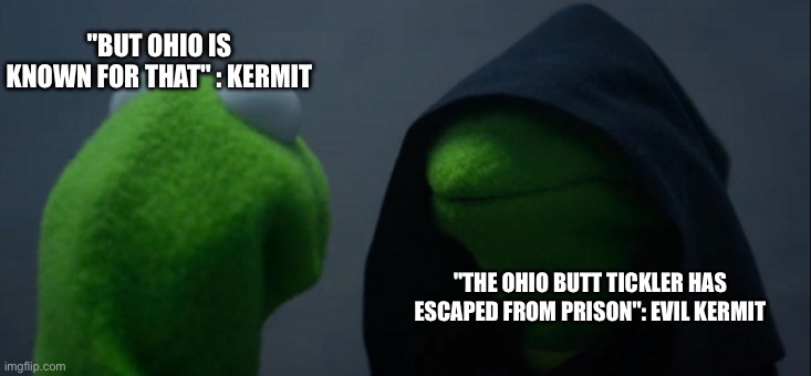 Evil Kermit | "BUT OHIO IS KNOWN FOR THAT" : KERMIT; "THE OHIO BUTT TICKLER HAS ESCAPED FROM PRISON": EVIL KERMIT | image tagged in memes,evil kermit | made w/ Imgflip meme maker