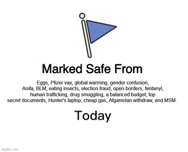 Marked safe from Joe Biden | Eggs, Pfizer vax, global warming, gender confusion, Anifa, BLM, eating insects, election fraud, open-borders, fentanyl, human trafficking, drug smuggling, a balanced budget, top secret documents, Hunter's laptop, cheap gas, Afganistan withdraw, and MSM. | image tagged in memes,marked safe from | made w/ Imgflip meme maker