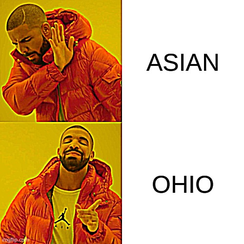 Drake Hotline Bling | ASIAN; OHIO | image tagged in memes,drake hotline bling | made w/ Imgflip meme maker