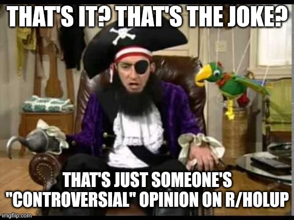 Patchy the pirate that's it? | THAT'S IT? THAT'S THE JOKE? THAT'S JUST SOMEONE'S "CONTROVERSIAL" OPINION ON R/HOLUP | image tagged in patchy the pirate that's it | made w/ Imgflip meme maker