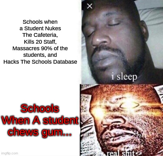 i sleep real shit | Schools when a Student Nukes The Cafeteria, Kills 20 Staff, Massacres 90% of the students, and Hacks The Schools Database; Schools When A student chews gum... | image tagged in i sleep real shit | made w/ Imgflip meme maker