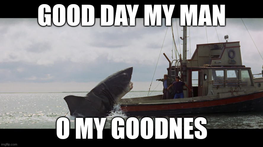 Jaws Boat | GOOD DAY MY MAN; O MY GOODNES | image tagged in jaws boat | made w/ Imgflip meme maker