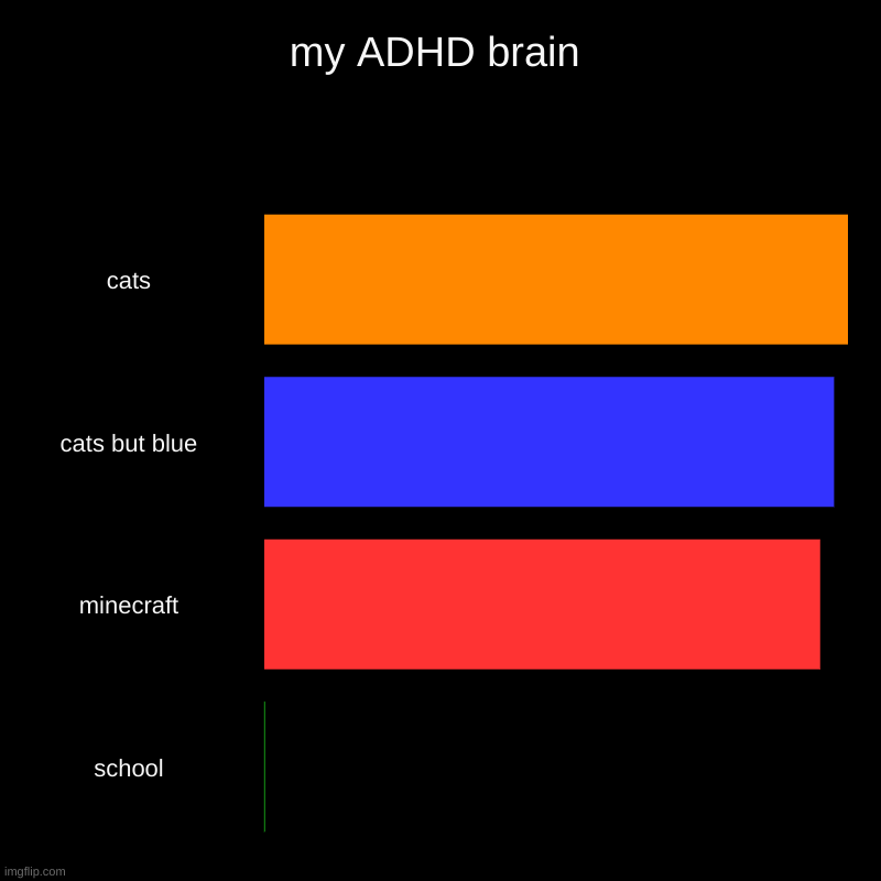 my ADHD brain | cats, cats but blue, minecraft, school | image tagged in charts,bar charts | made w/ Imgflip chart maker