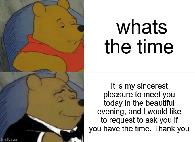 which one are u | whats the time; It is my sincerest pleasure to meet you today in the beautiful evening, and I would like to request to ask you if you have the time. Thank you | image tagged in memes,tuxedo winnie the pooh | made w/ Imgflip meme maker