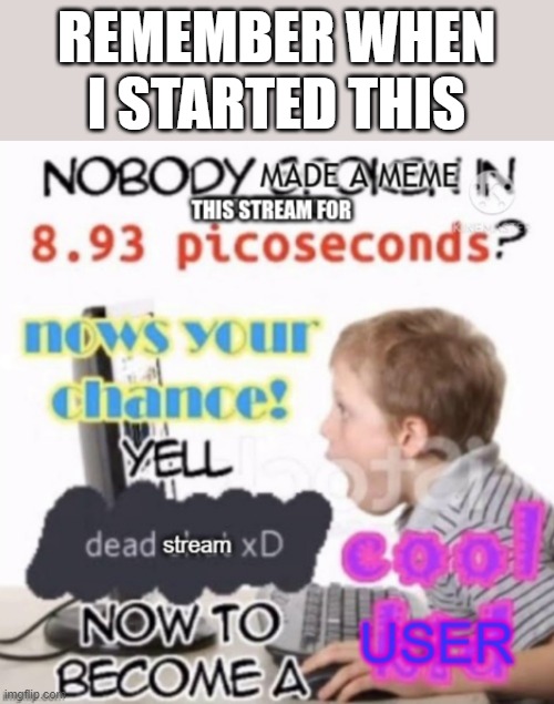 Yell dead stream to become a cool user | REMEMBER WHEN I STARTED THIS | image tagged in yell dead stream to become a cool user | made w/ Imgflip meme maker