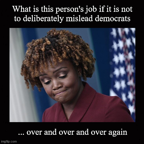 What is Karine Jean-Pierre's job? | What is this person's job if it is not
to deliberately mislead democrats; ... over and over and over again | image tagged in karine jean-pierre,propaganda,joe biden,corruption | made w/ Imgflip meme maker