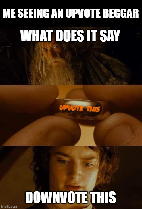 don't upvote beg | WHAT DOES IT SAY DOWNVOTE THIS UPVOTE THIS ME SEEING AN UPVOTE BEGGAR | image tagged in lotr ring,upvote begging | made w/ Imgflip meme maker