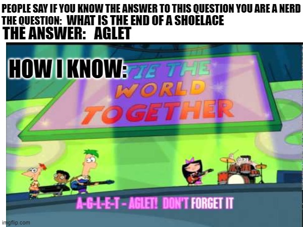 A-G-L-E-T | WHAT IS THE END OF A SHOELACE; THE ANSWER:   AGLET; HOW I KNOW: | image tagged in aglet,phineas and ferb | made w/ Imgflip meme maker