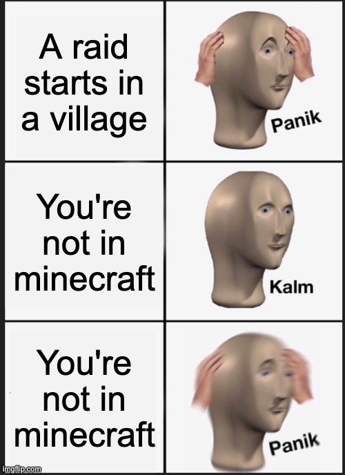 Meme | A raid starts in a village; You're not in minecraft; You're not in minecraft | image tagged in memes,panik kalm panik,minecraft | made w/ Imgflip meme maker