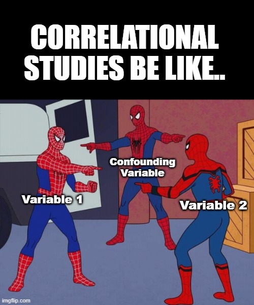 CORRELATIONAL STUDIES BE LIKE.. Confounding Variable; Variable 1; Variable 2 | made w/ Imgflip meme maker