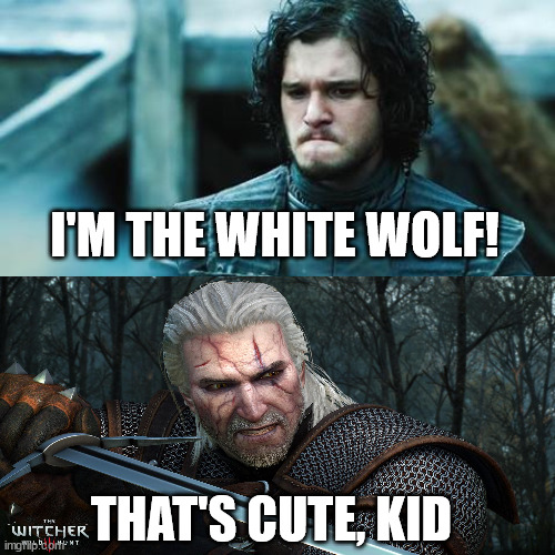 The White Wolf | I'M THE WHITE WOLF! THAT'S CUTE, KID | image tagged in sad jon snow,geralt of rivia,jon snow,game of thrones,the witcher,witcher | made w/ Imgflip meme maker