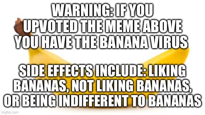 Banananannananananana | WARNING: IF YOU UPVOTED THE MEME ABOVE YOU HAVE THE BANANA VIRUS; SIDE EFFECTS INCLUDE: LIKING BANANAS, NOT LIKING BANANAS, OR BEING INDIFFERENT TO BANANAS | image tagged in banana | made w/ Imgflip meme maker