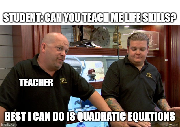 Um, okay, thanks? | STUDENT: CAN YOU TEACH ME LIFE SKILLS? TEACHER; BEST I CAN DO IS QUADRATIC EQUATIONS | image tagged in pawn stars best i can do,school,math | made w/ Imgflip meme maker