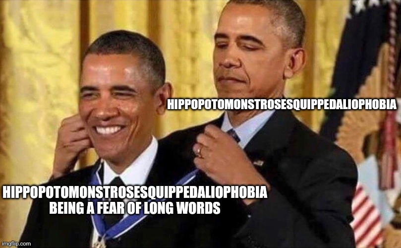 Phobia Awarding A Phobia |  HIPPOPOTOMONSTROSESQUIPPEDALIOPHOBIA; HIPPOPOTOMONSTROSESQUIPPEDALIOPHOBIA BEING A FEAR OF LONG WORDS | image tagged in obama medal,phobia,memes | made w/ Imgflip meme maker
