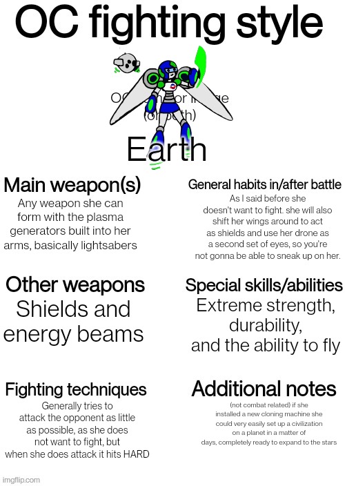 OC fighting style | Earth; As I said before she doesn't want to fight. she will also shift her wings around to act as shields and use her drone as a second set of eyes, so you're not gonna be able to sneak up on her. Any weapon she can form with the plasma generators built into her arms, basically lightsabers; Extreme strength, durability, and the ability to fly; Shields and energy beams; Generally tries to attack the opponent as little as possible, as she does not want to fight, but when she does attack it hits HARD; (not combat related) if she installed a new cloning machine she could very easily set up a civilization on a planet in a matter of days, completely ready to expand to the stars | image tagged in oc fighting style | made w/ Imgflip meme maker