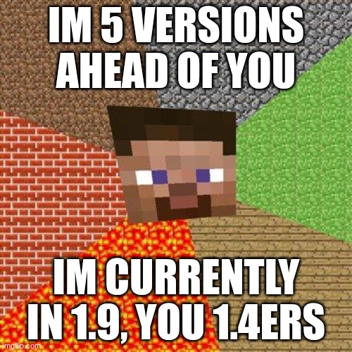 1.9 steve | IM 5 VERSIONS AHEAD OF YOU; IM CURRENTLY IN 1.9, YOU 1.4ERS | image tagged in minecraft steve | made w/ Imgflip meme maker