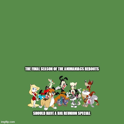 one big final reunion | THE FINAL SEASON OF THE ANIMANIACS REBOOTS; SHOULD HAVE A BIG REUNION SPECIAL | image tagged in memes,blank transparent square,animaniacs,reunion | made w/ Imgflip meme maker