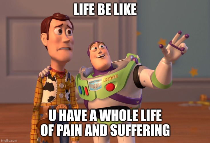 life just hates us hoomans | LIFE BE LIKE; U HAVE A WHOLE LIFE OF PAIN AND SUFFERING | image tagged in memes,x x everywhere | made w/ Imgflip meme maker