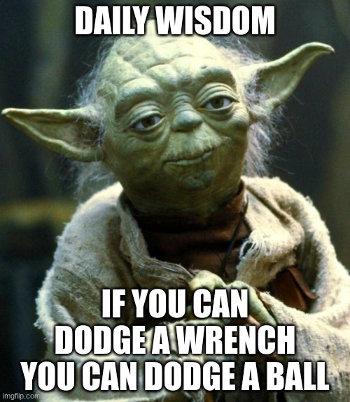 This daily wisdom is a quote from Patches o'Houlihan from Dodgeball | DAILY WISDOM; IF YOU CAN DODGE A WRENCH YOU CAN DODGE A BALL | image tagged in memes,star wars yoda | made w/ Imgflip meme maker