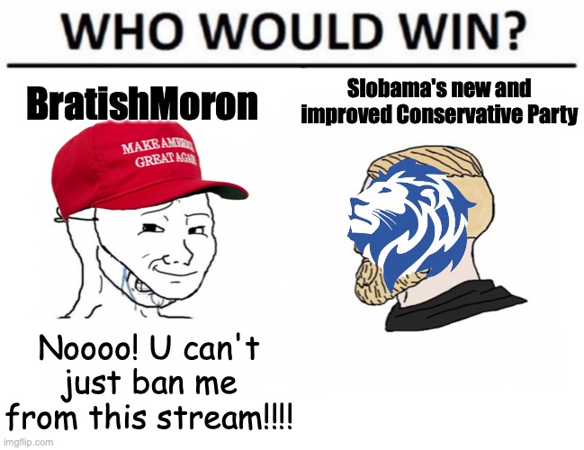 Who would win crying MAGA wojak vs. yes chad | Noooo! U can't just ban me from this stream!!!! BratishMoron Slobama's new and improved Conservative Party | image tagged in who would win crying maga wojak vs yes chad | made w/ Imgflip meme maker