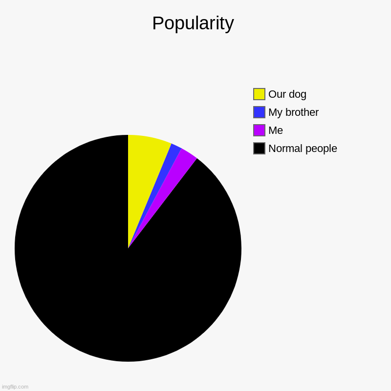 Popularity | Normal people, Me, My brother, Our dog | image tagged in charts,pie charts | made w/ Imgflip chart maker