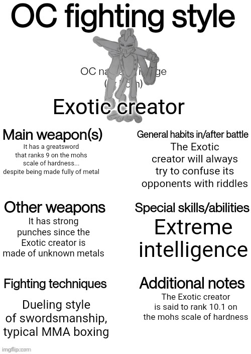 OC fighting style | Exotic creator; The Exotic creator will always try to confuse its opponents with riddles; It has a greatsword that ranks 9 on the mohs scale of hardness... despite being made fully of metal; Extreme intelligence; It has strong punches since the Exotic creator is made of unknown metals; The Exotic creator is said to rank 10.1 on the mohs scale of hardness; Dueling style of swordsmanship, typical MMA boxing | image tagged in oc fighting style | made w/ Imgflip meme maker