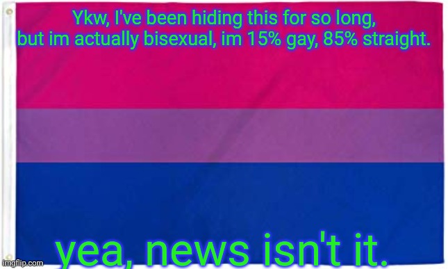 Yep. | Ykw, I've been hiding this for so long, but im actually bisexual, im 15% gay, 85% straight. yea, news isn't it. | image tagged in bisexual flag | made w/ Imgflip meme maker