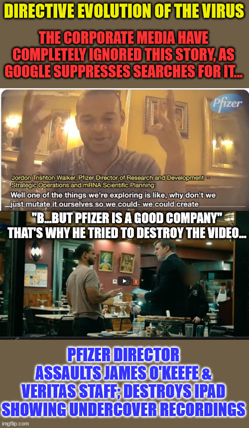 Completely corrupt Pfizer...  so why is Big Tech hiding this from the public? | DIRECTIVE EVOLUTION OF THE VIRUS; THE CORPORATE MEDIA HAVE COMPLETELY IGNORED THIS STORY, AS GOOGLE SUPPRESSES SEARCHES FOR IT... "B...BUT PFIZER IS A GOOD COMPANY"
THAT'S WHY HE TRIED TO DESTROY THE VIDEO... PFIZER DIRECTOR ASSAULTS JAMES O'KEEFE & VERITAS STAFF; DESTROYS IPAD SHOWING UNDERCOVER RECORDINGS | image tagged in greedy,big pharma | made w/ Imgflip meme maker
