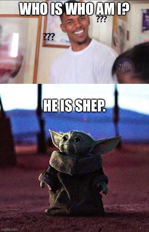 WHO IS WHO AM I? HE IS SHEP. | image tagged in black guy confused,baby yoda | made w/ Imgflip meme maker