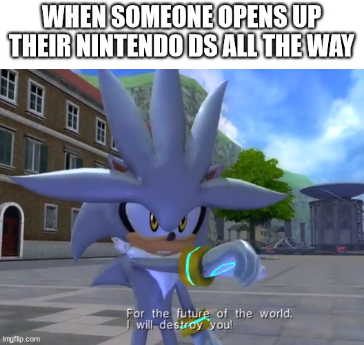all the children were destroyed. | WHEN SOMEONE OPENS UP THEIR NINTENDO DS ALL THE WAY | image tagged in sonic the hedgehog | made w/ Imgflip meme maker