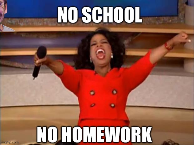 Me | NO SCHOOL; NO HOMEWORK | image tagged in memes,oprah you get a | made w/ Imgflip meme maker