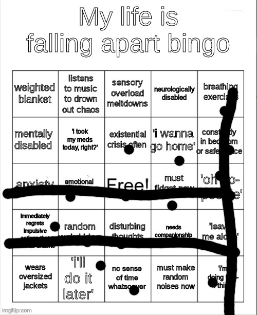 Anyways, goodnight chat, I need sleep | image tagged in my life is falling apart bingo | made w/ Imgflip meme maker