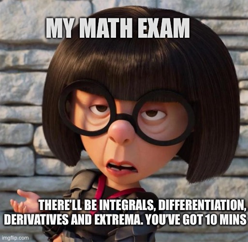 Maths exam | MY MATH EXAM; THERE’LL BE INTEGRALS, DIFFERENTIATION, DERIVATIVES AND EXTREMA. YOU’VE GOT 10 MINS | image tagged in maths,exams,student life | made w/ Imgflip meme maker