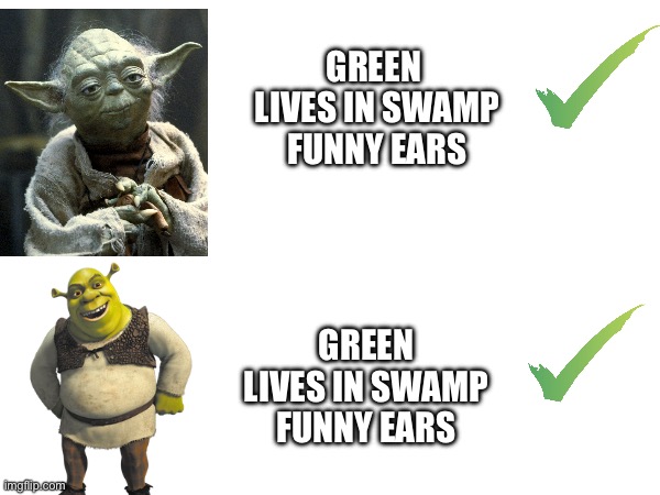 Had the idea | GREEN 
LIVES IN SWAMP
FUNNY EARS; GREEN
LIVES IN SWAMP
FUNNY EARS | image tagged in star wars yoda,shrek | made w/ Imgflip meme maker